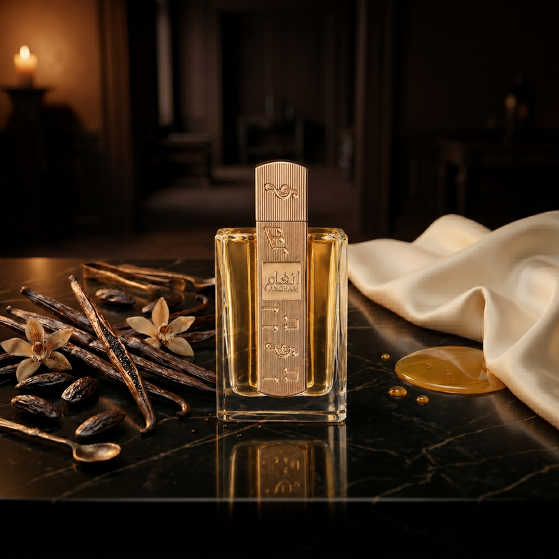 Angham — flacon de parfum sur fond Gourmand