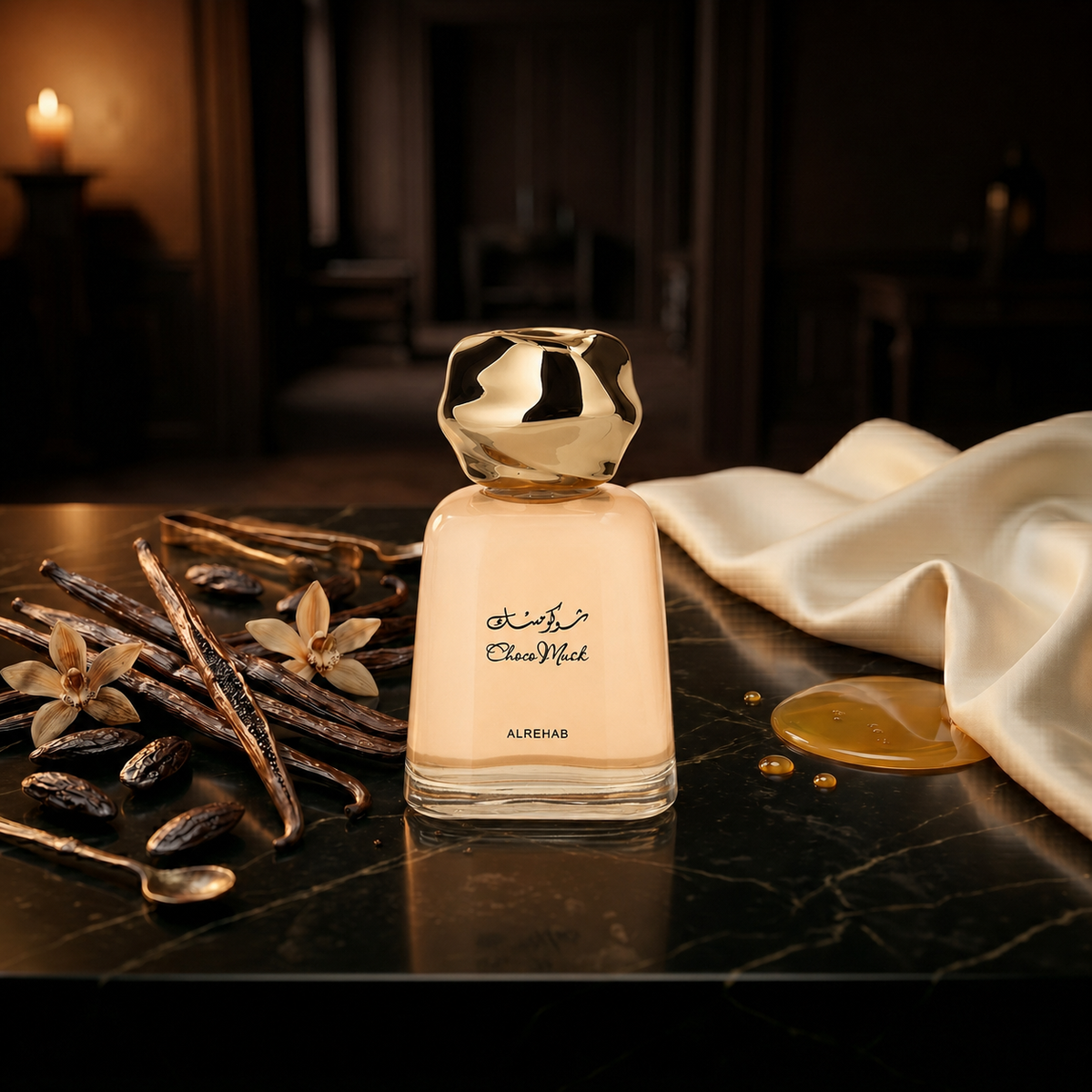 Choco Musk — flacon de parfum sur fond Gourmand