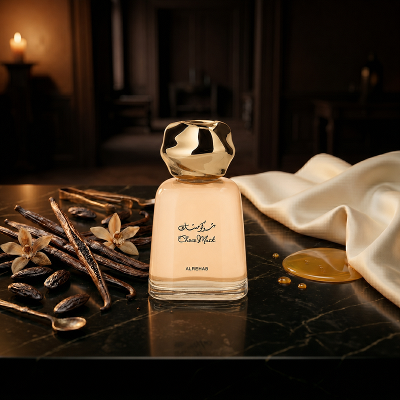 Choco Musk — flacon de parfum sur fond Gourmand