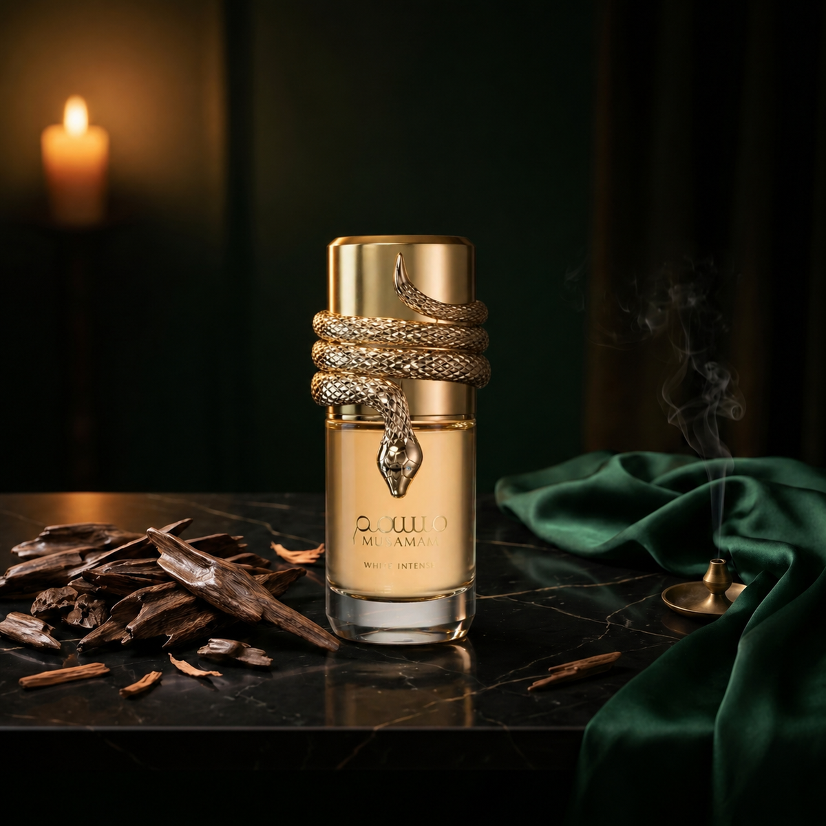 Musamam White Intense — flacon de parfum sur fond Boisé Oud