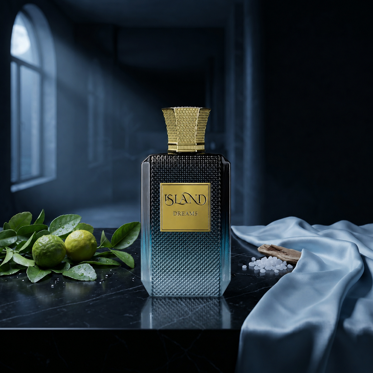 Island Dreams — flacon de parfum sur fond Frais Aquatique