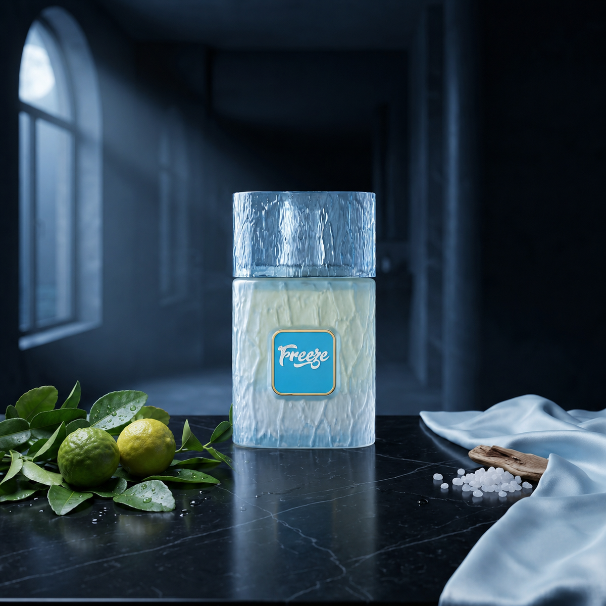 Freeze — flacon de parfum sur fond Frais Aquatique