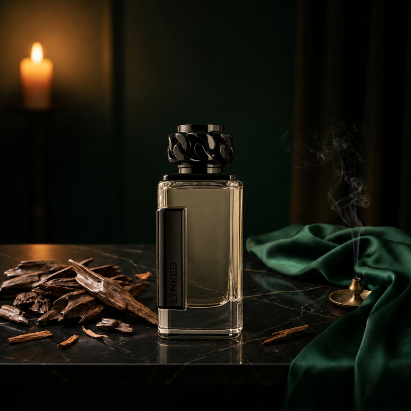 Lynked Freedom — flacon de parfum sur fond Boisé Oud