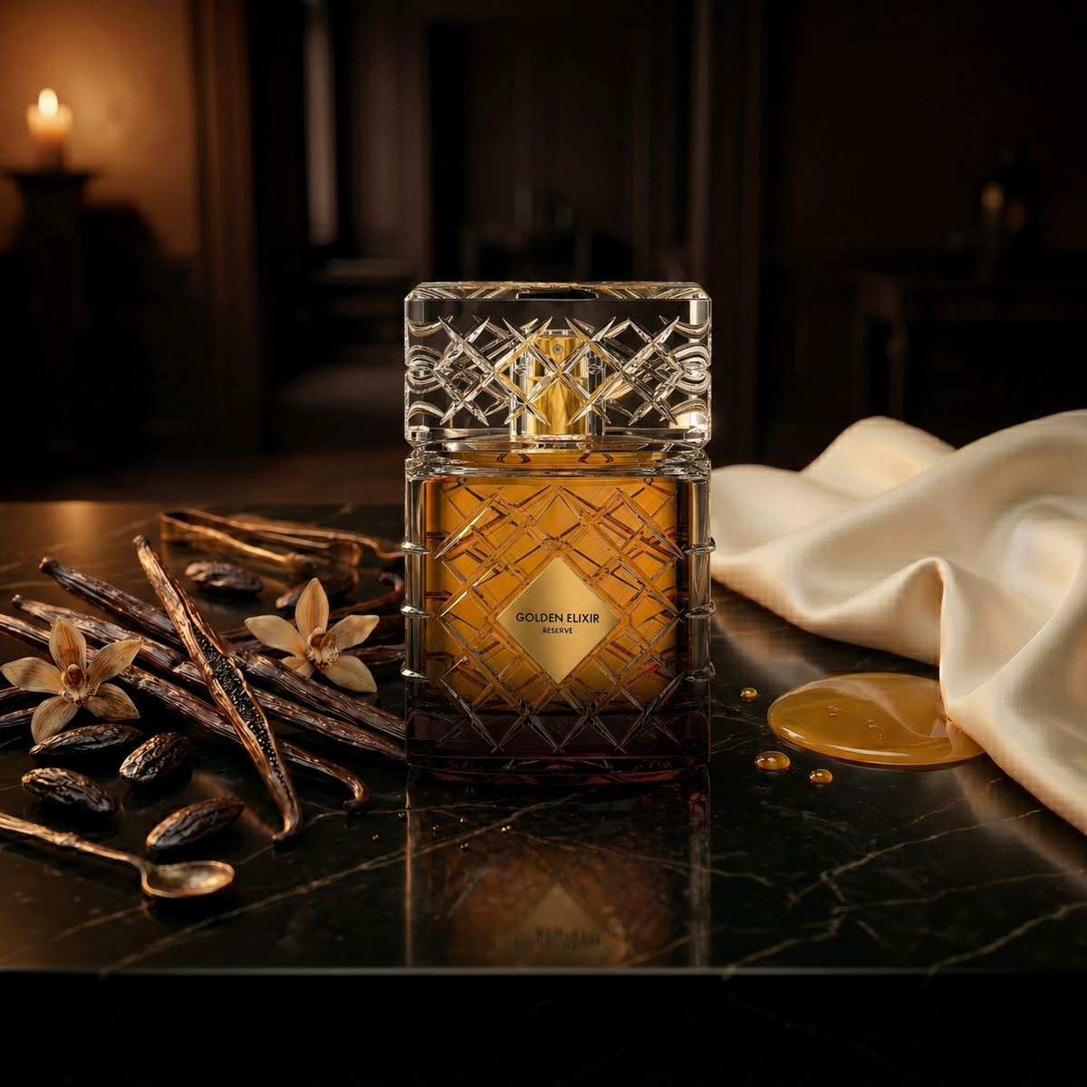 Golden Elixir Reserve — flacon de parfum sur fond Gourmand