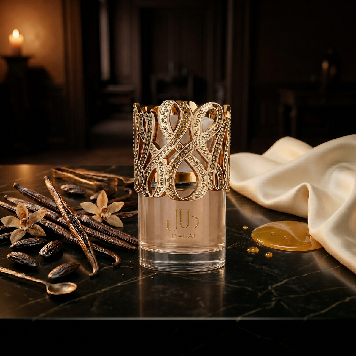 Dalal — flacon de parfum sur fond Gourmand