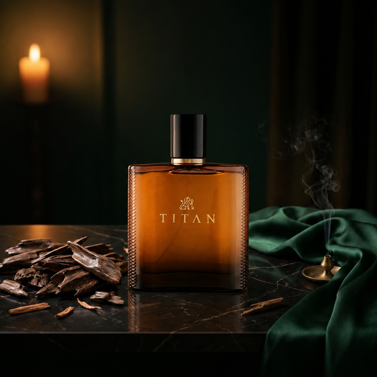 Titan — flacon de parfum sur fond Boisé Oud