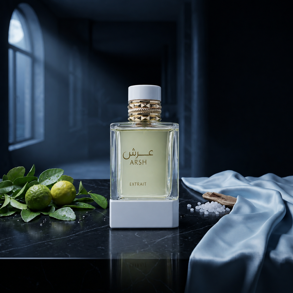 Arsh — flacon de parfum sur fond Frais Aquatique