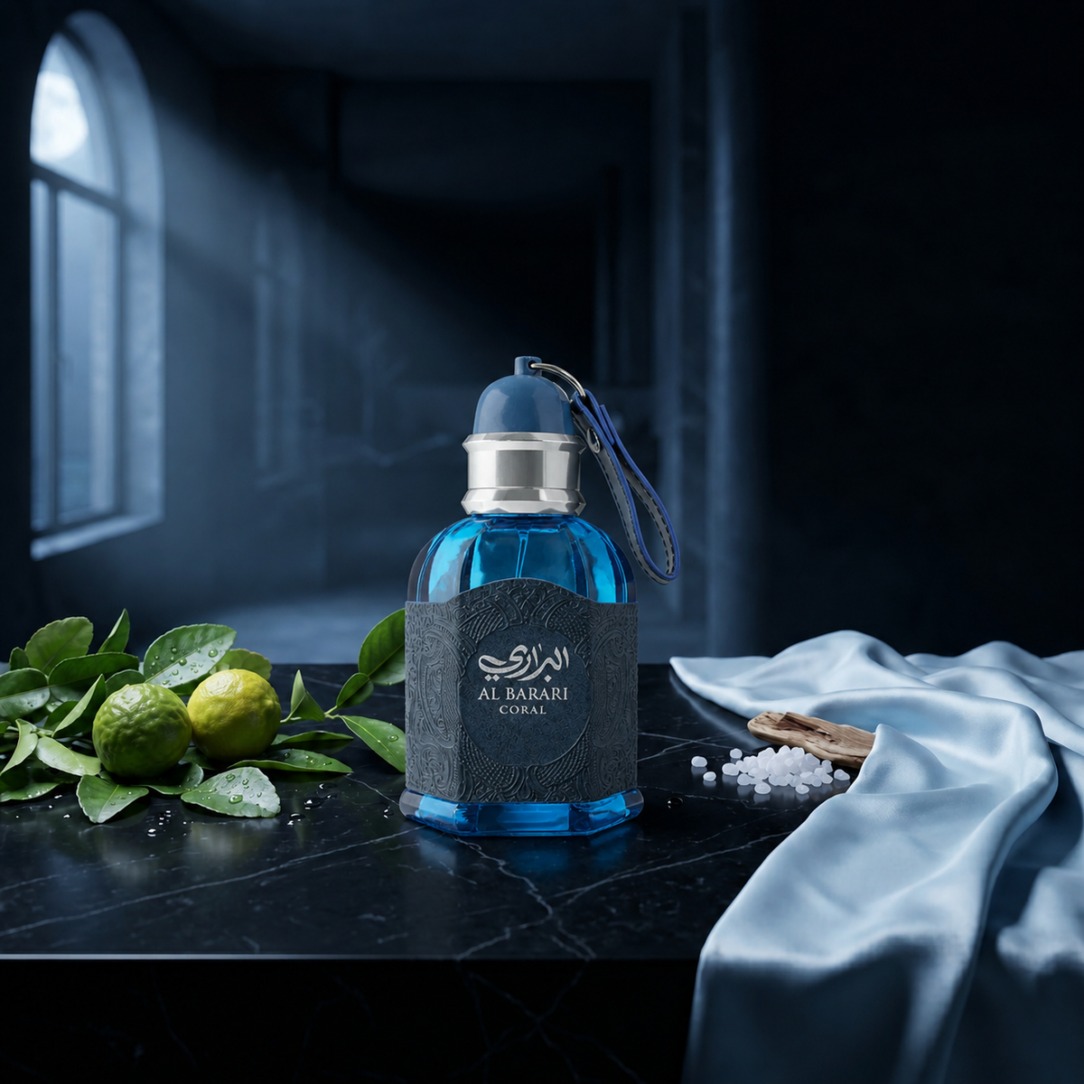 Barari Coral — flacon de parfum sur fond Frais Aquatique