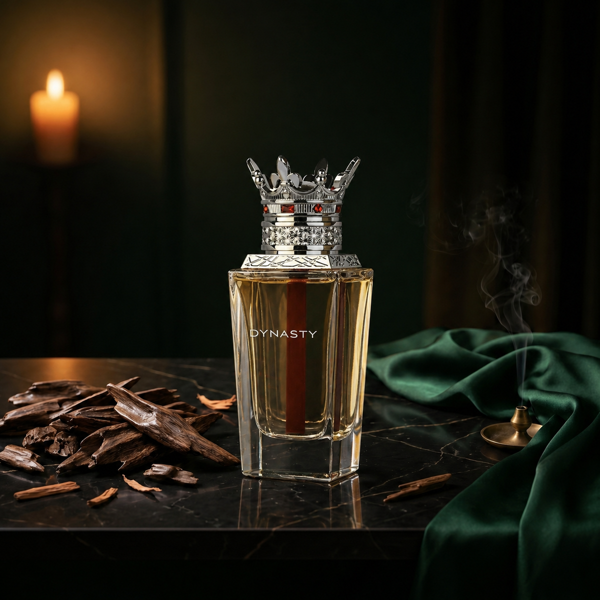 Dynasty — flacon de parfum sur fond Boisé Oud