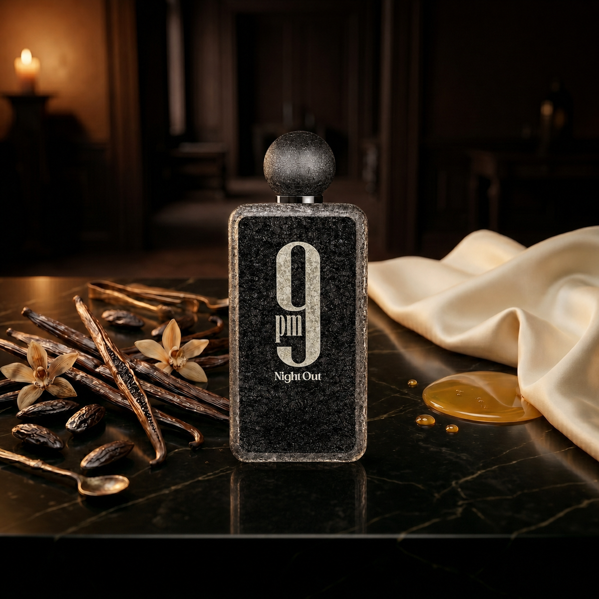 9pm Night Out — flacon de parfum sur fond Gourmand