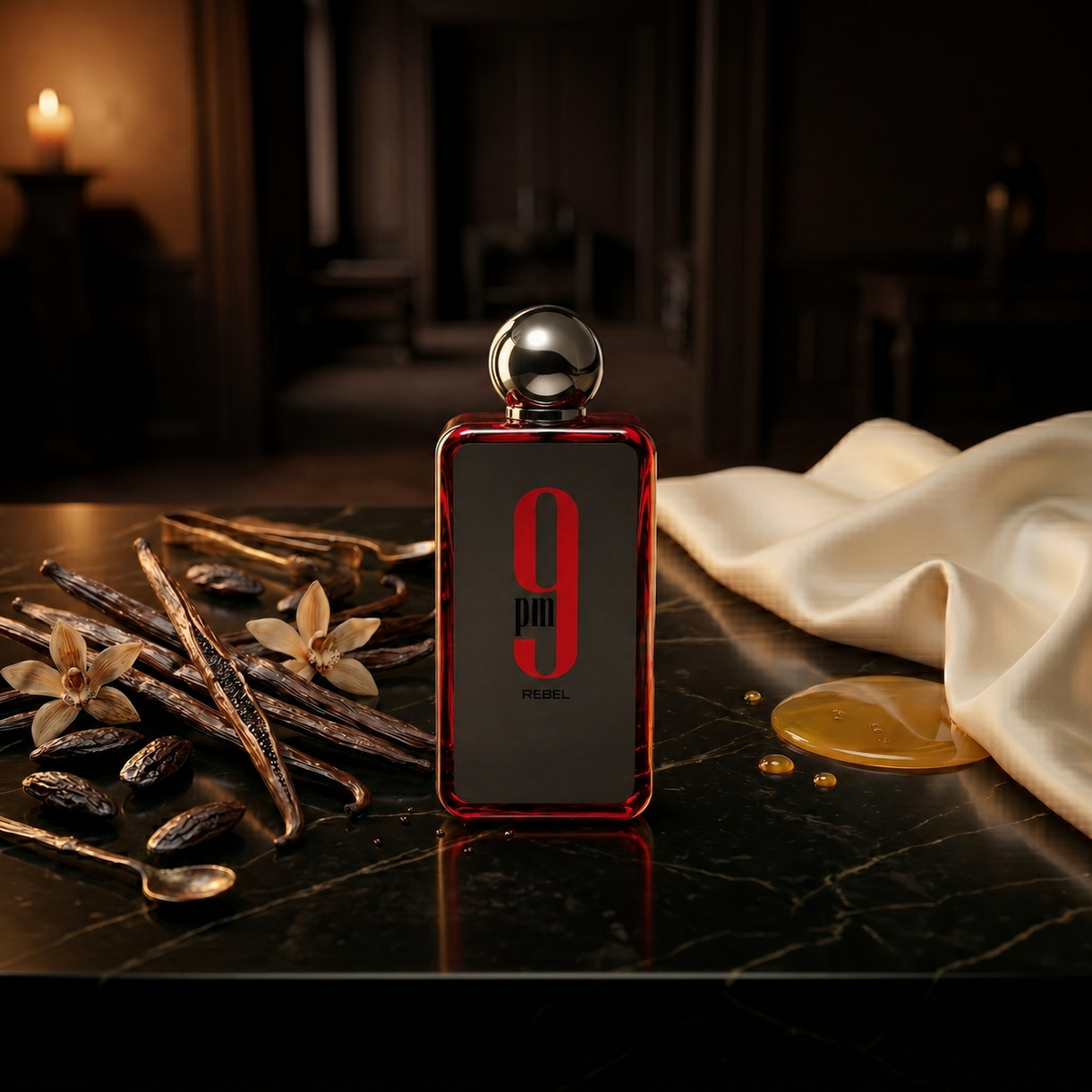 9pm Rebel — flacon de parfum sur fond Gourmand