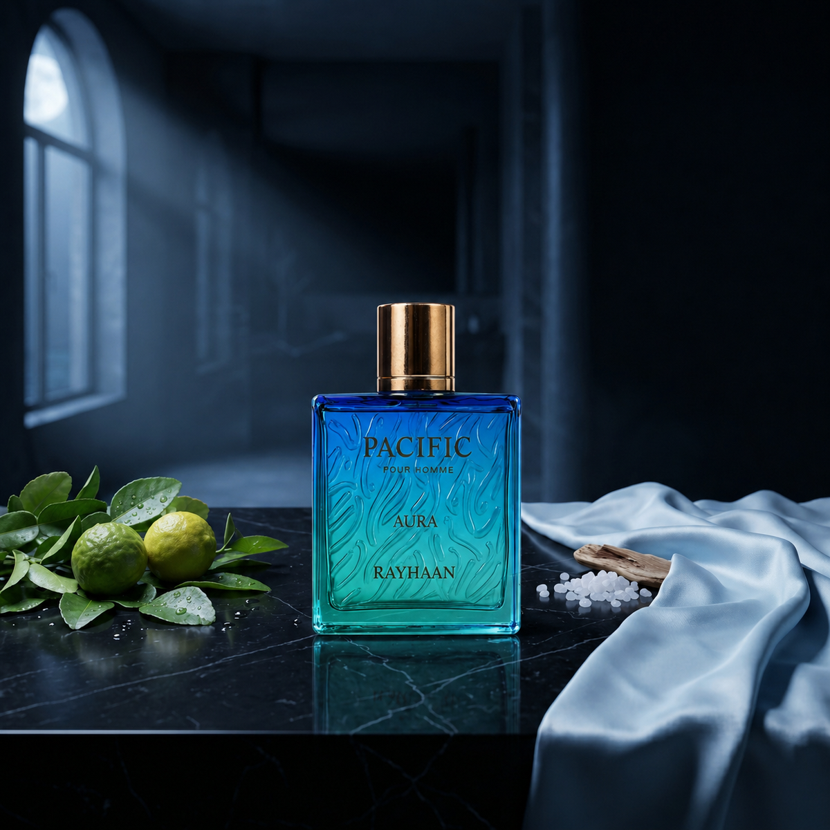 Pacific Aura — flacon de parfum sur fond Frais Aquatique