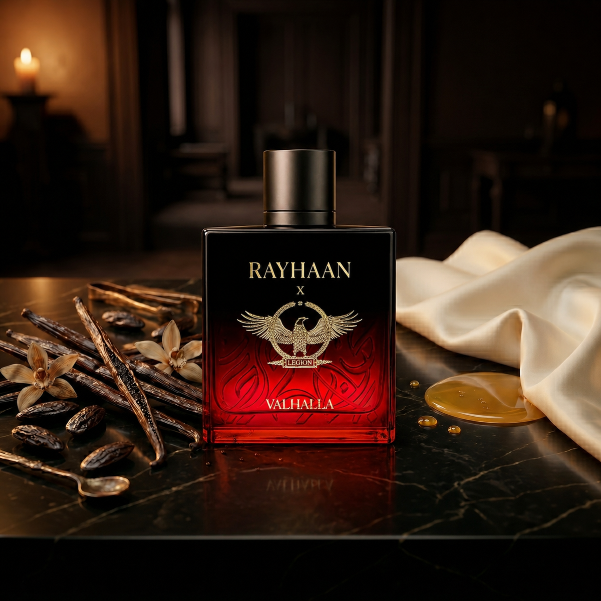 Valhalla — flacon de parfum sur fond Gourmand