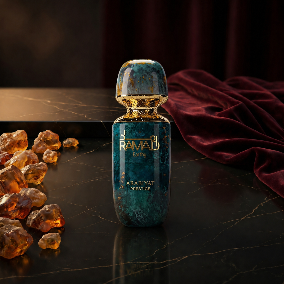 Ramad Earthy — flacon de parfum sur fond Oriental Ambré