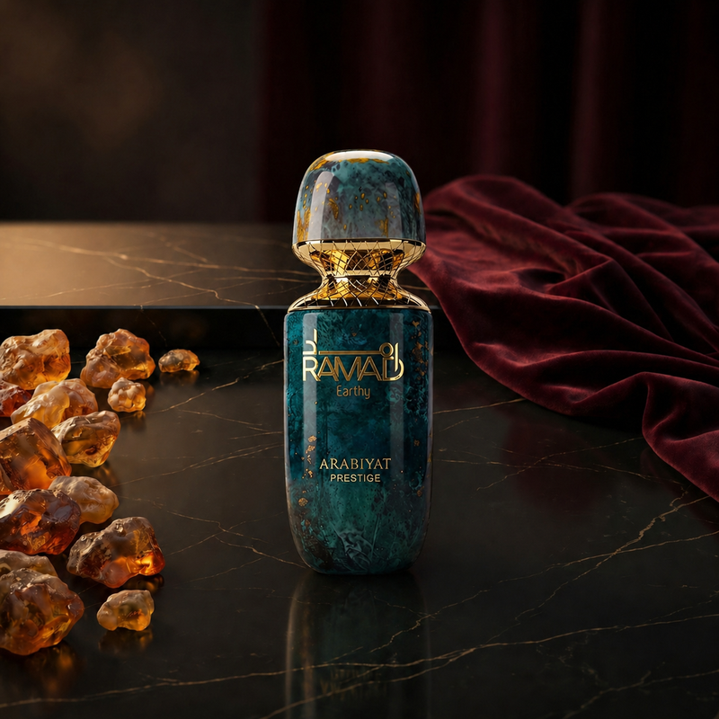 Ramad Earthy — flacon de parfum sur fond Oriental Ambré