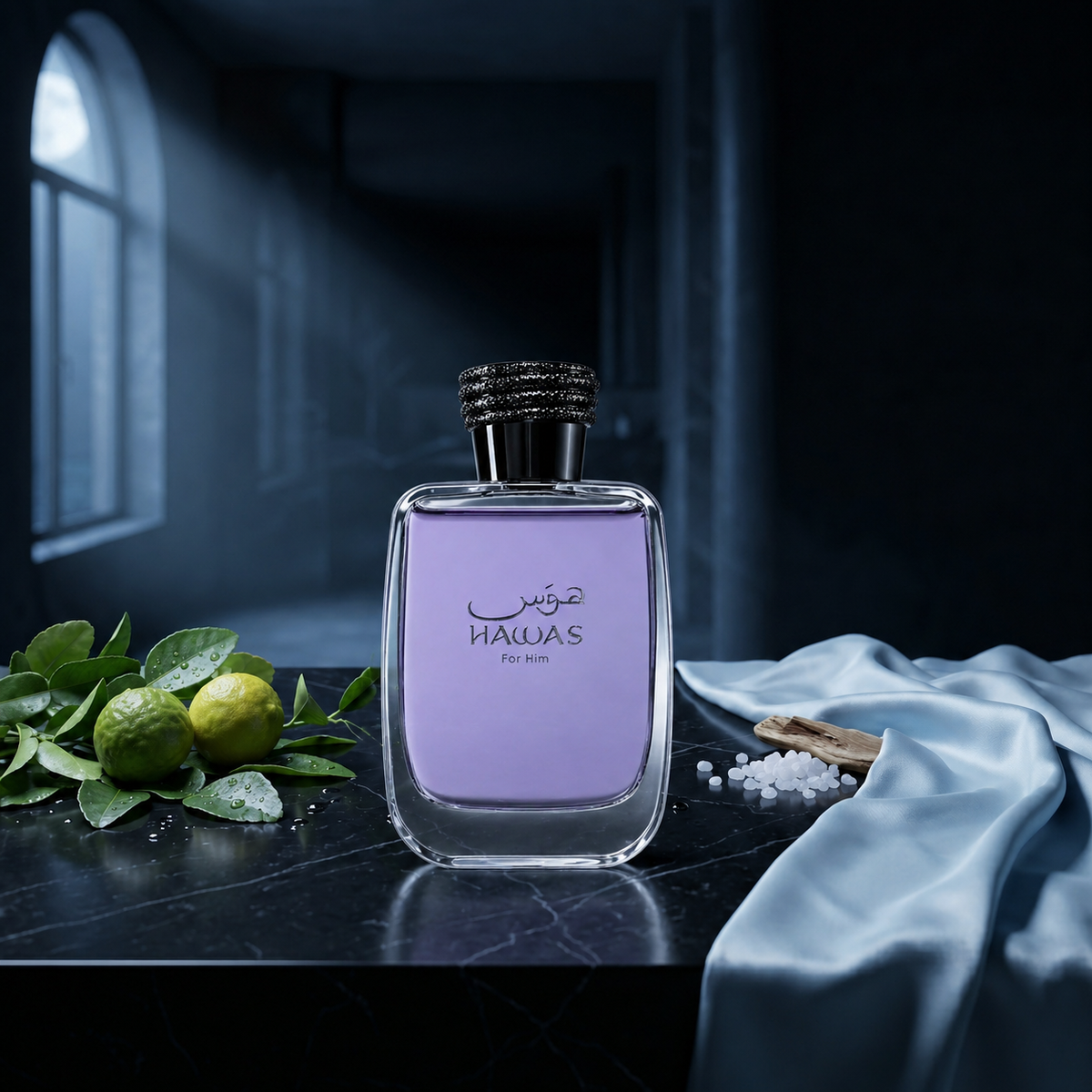Hawas For Him — flacon de parfum sur fond Frais Aquatique