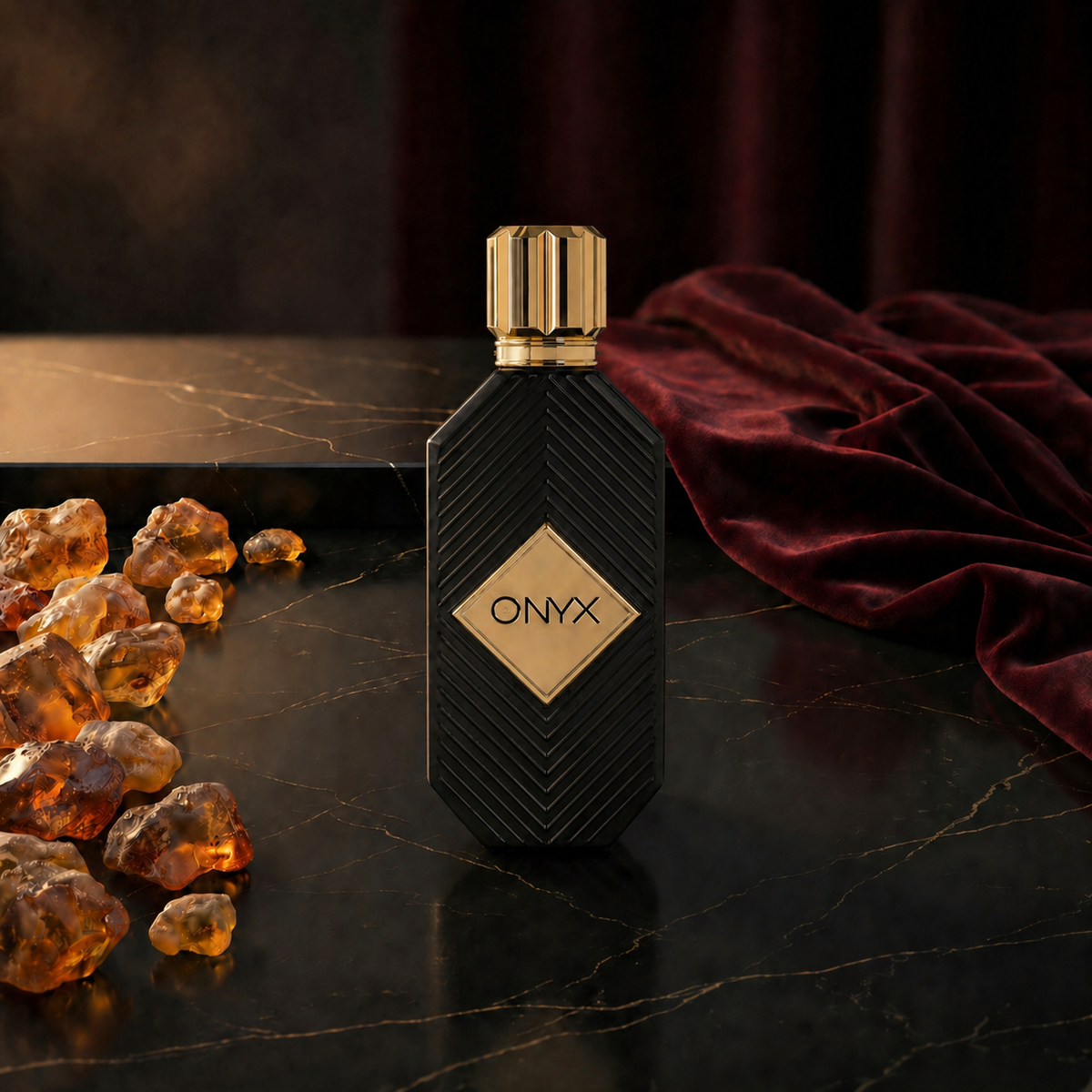 Onyx Gold — flacon de parfum sur fond Oriental Ambré