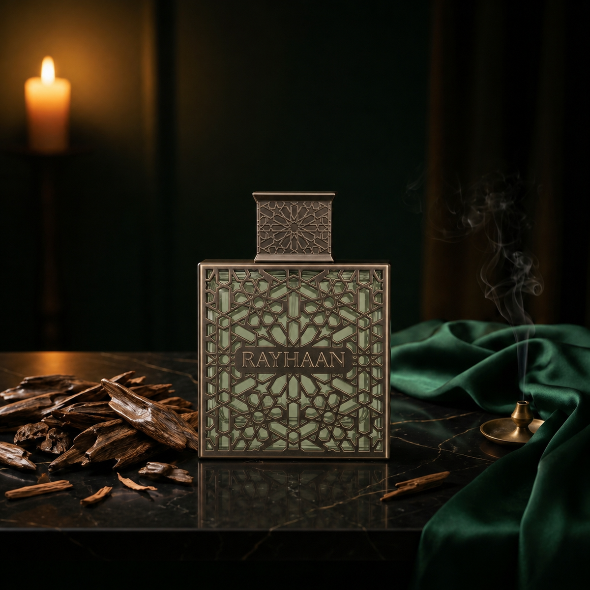 Terra — flacon de parfum sur fond Boisé Oud