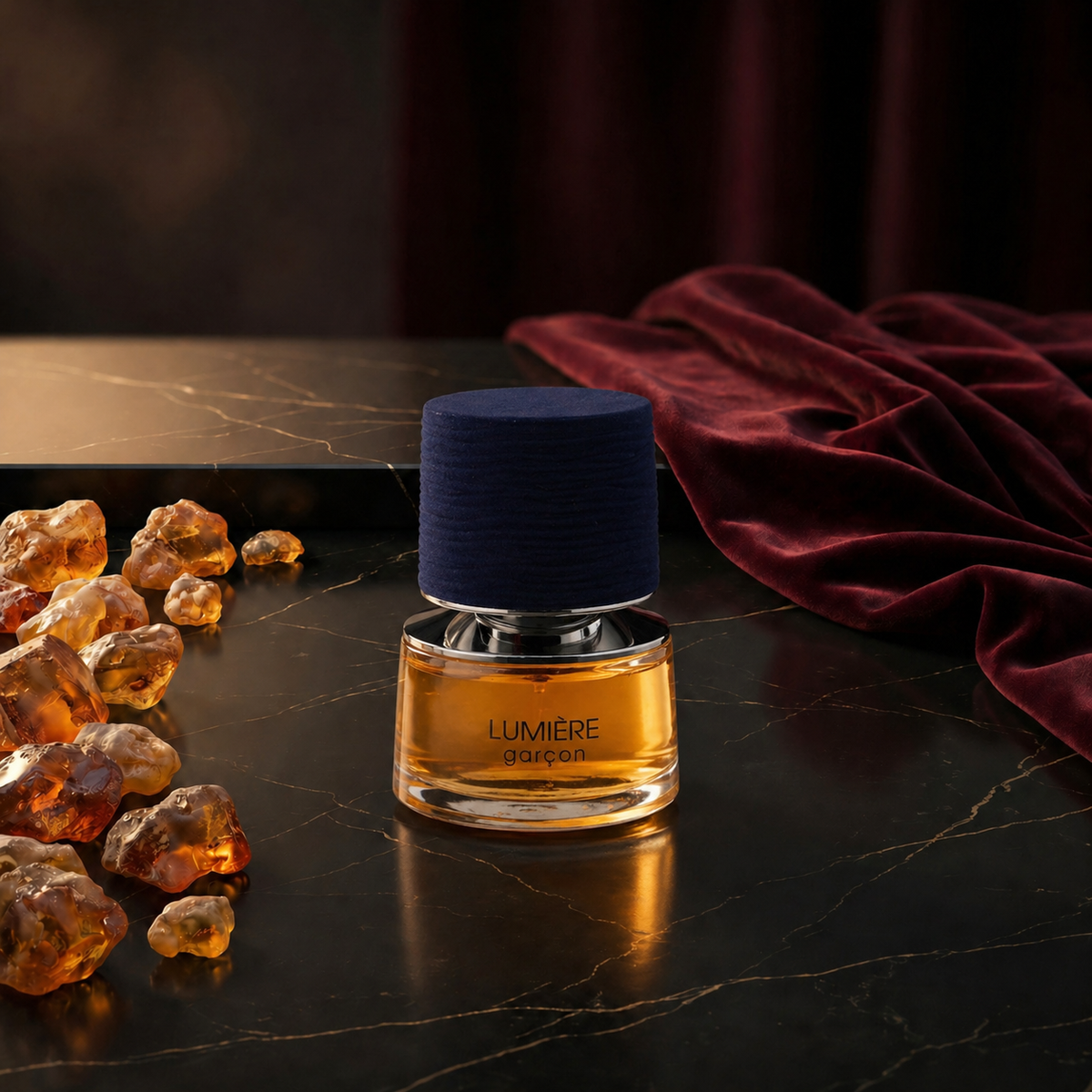 Lumiere Garcon — flacon de parfum sur fond Oriental Ambré