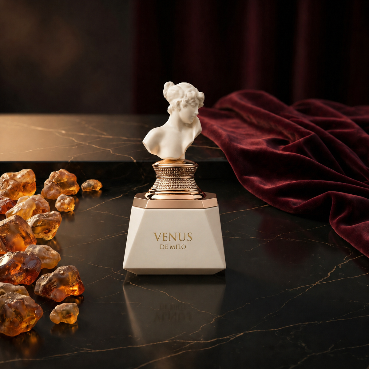 Venus de Milo — flacon de parfum sur fond Oriental Ambré