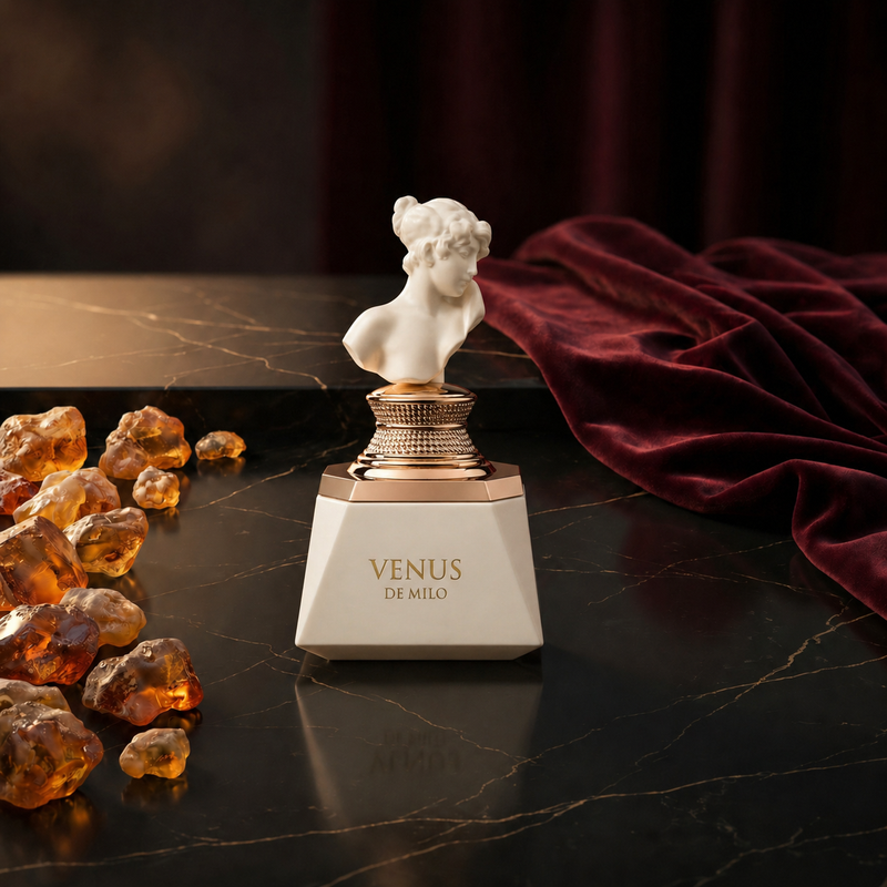 Venus de Milo — flacon de parfum sur fond Oriental Ambré