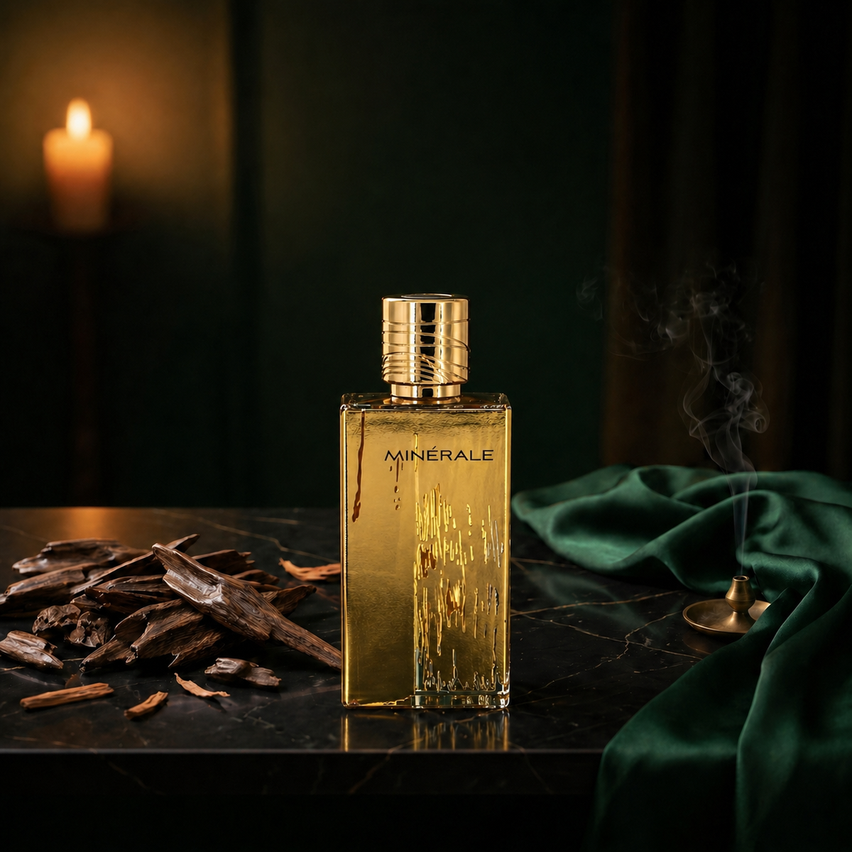 Minerale Gold — flacon de parfum sur fond Boisé Oud
