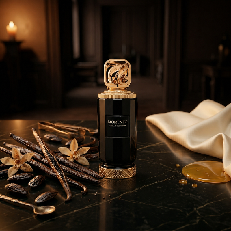 Momento — flacon de parfum sur fond Gourmand