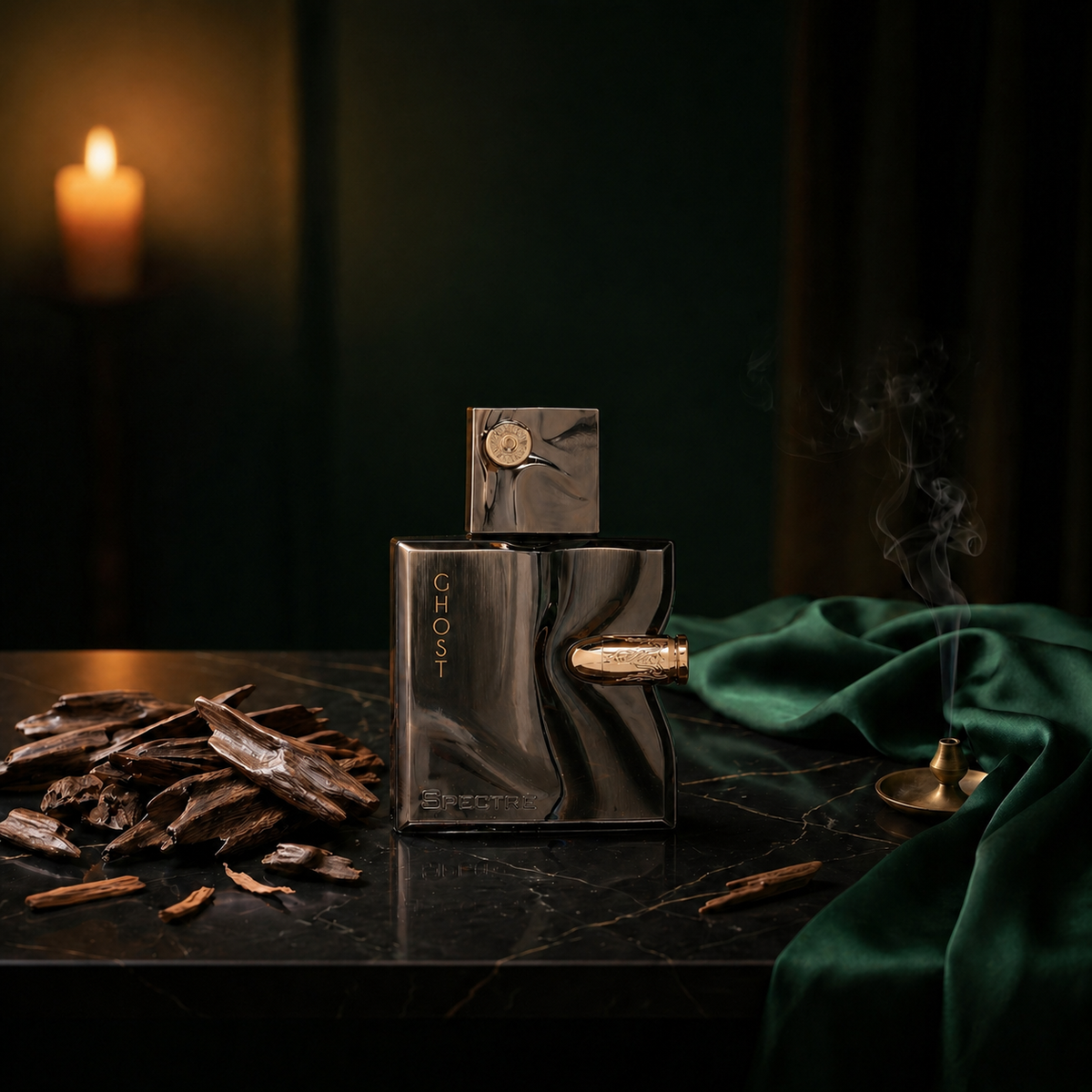 Spectre Ghost — flacon de parfum sur fond Boisé Oud