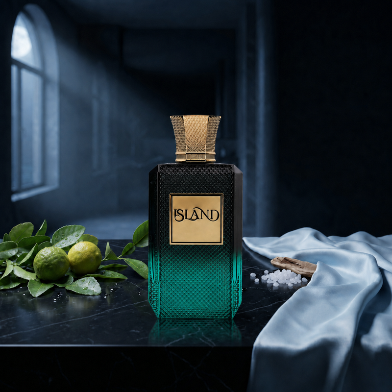 Island — flacon de parfum sur fond Frais Aquatique