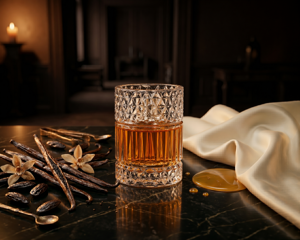Sharaf Blend — flacon de parfum sur fond Gourmand