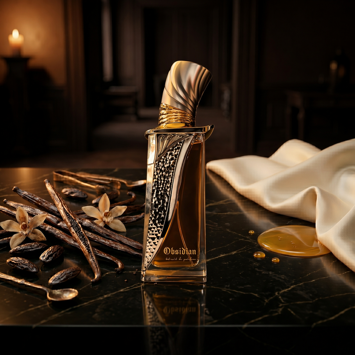 Obsidian — flacon de parfum sur fond Gourmand