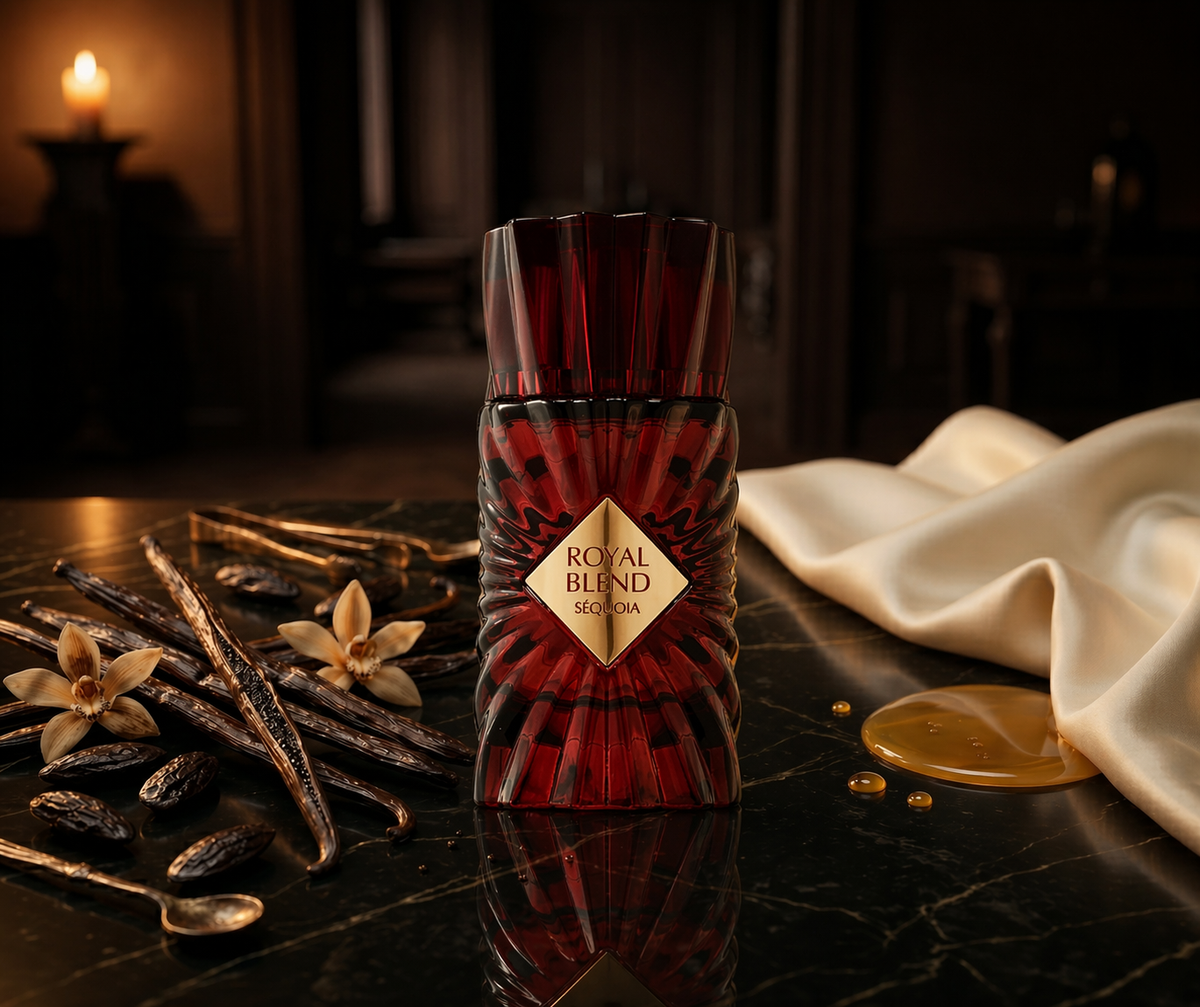 Royal Blend Sequoia — flacon de parfum sur fond Gourmand