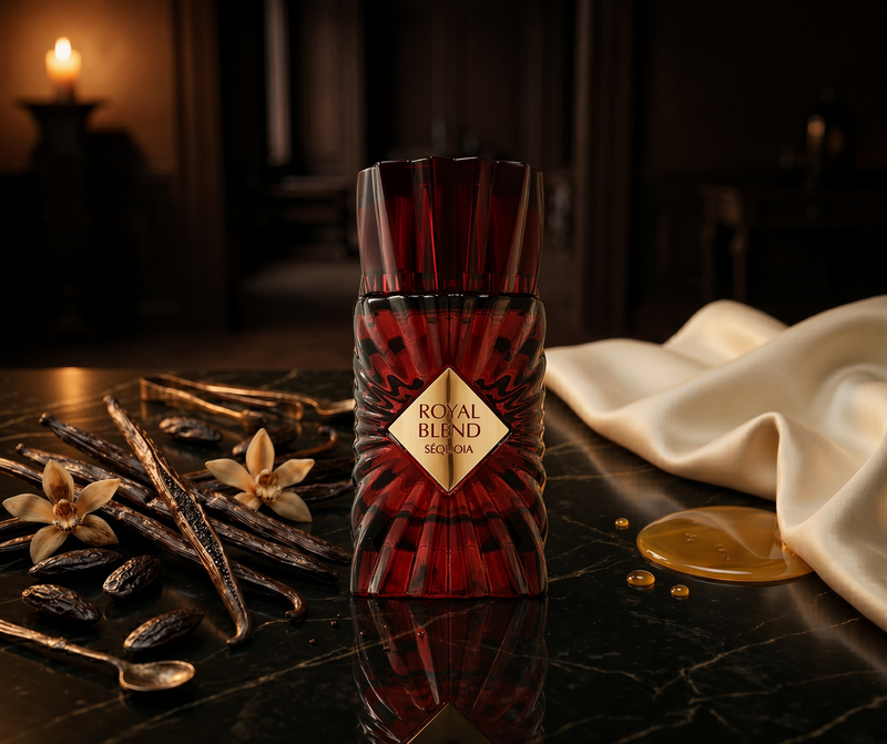 Royal Blend Sequoia — flacon de parfum sur fond Gourmand