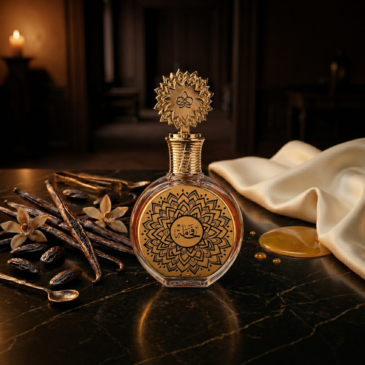 Fakhama — flacon de parfum sur fond Gourmand