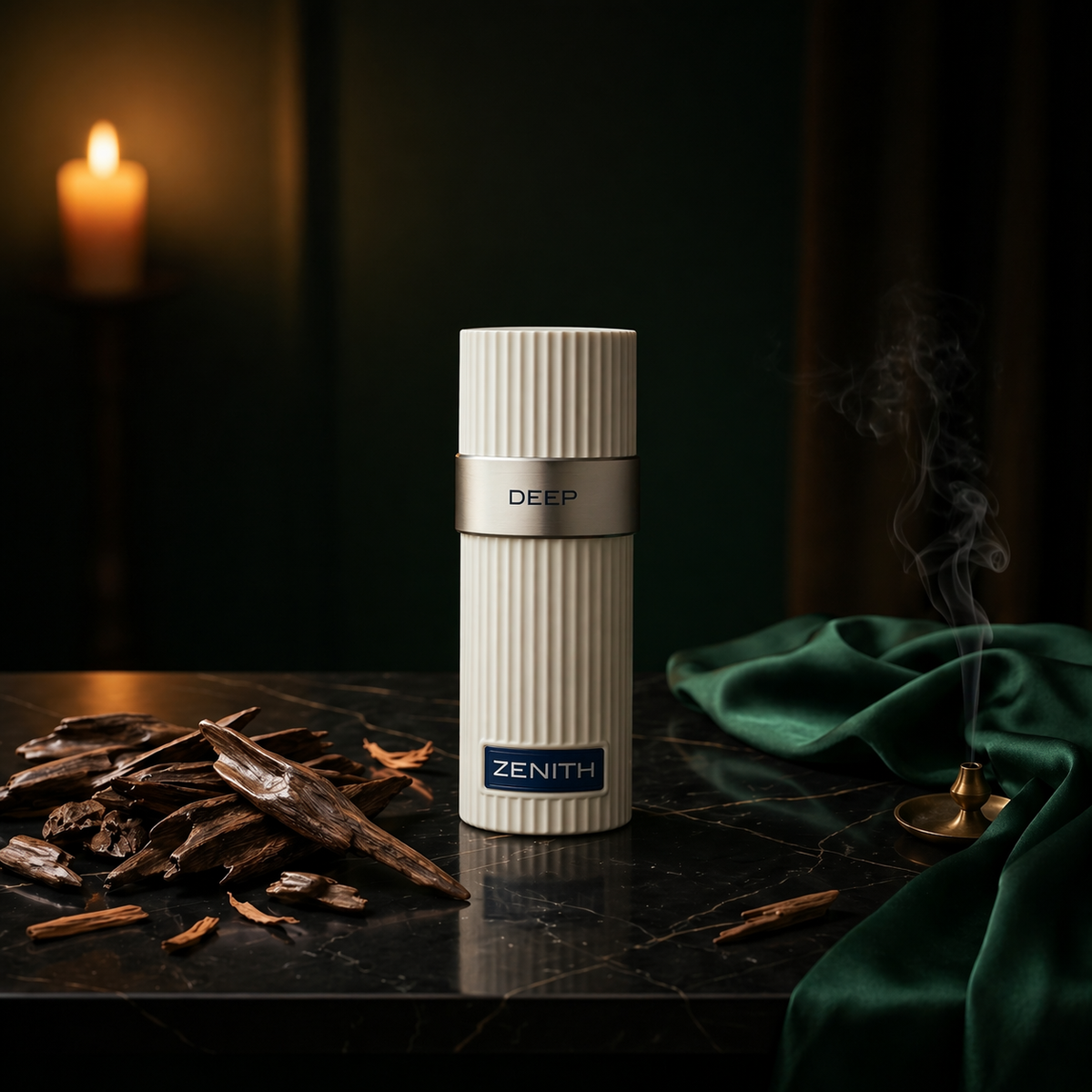 Zenith Deep — flacon de parfum sur fond Boisé Oud