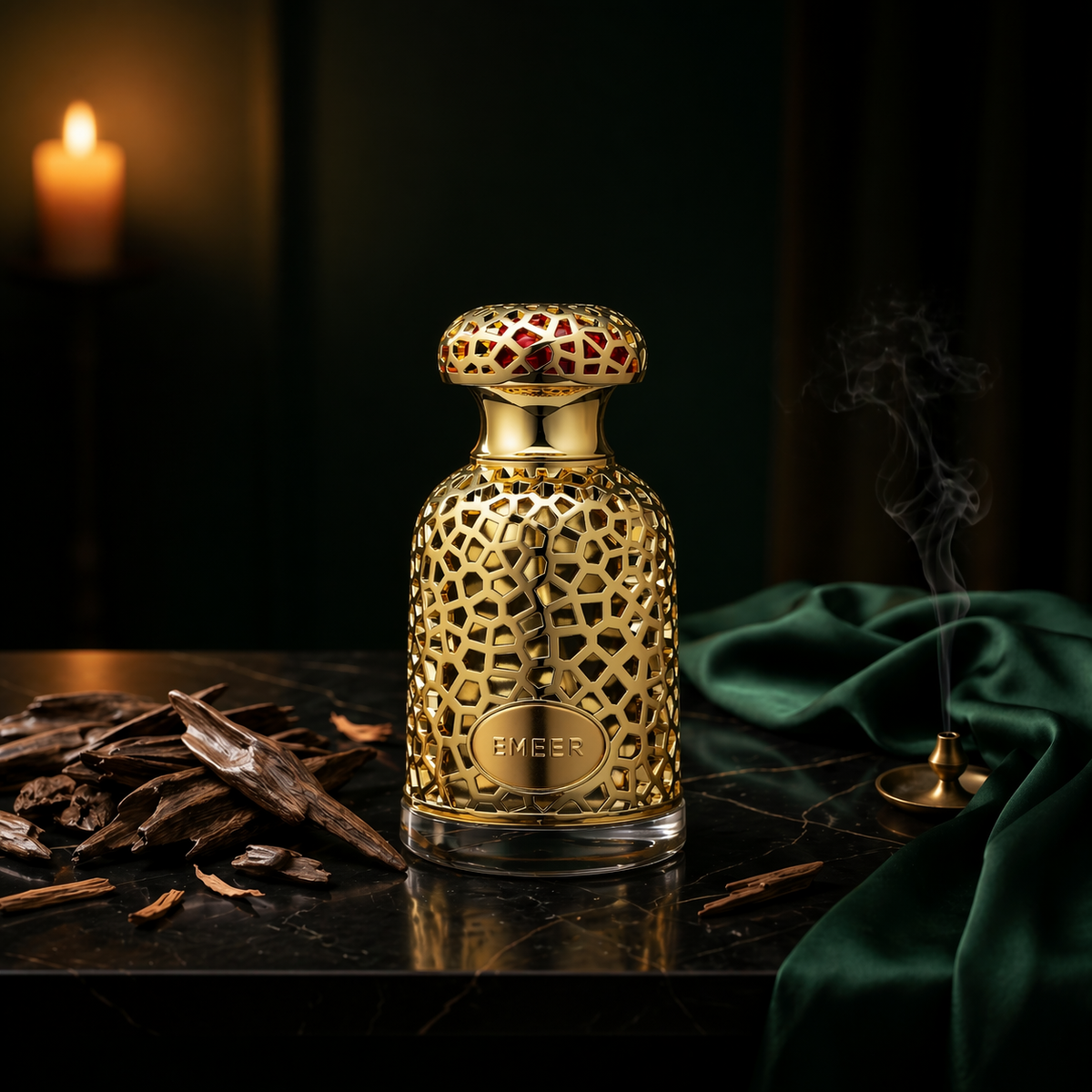 Emeer — flacon de parfum sur fond Boisé Oud