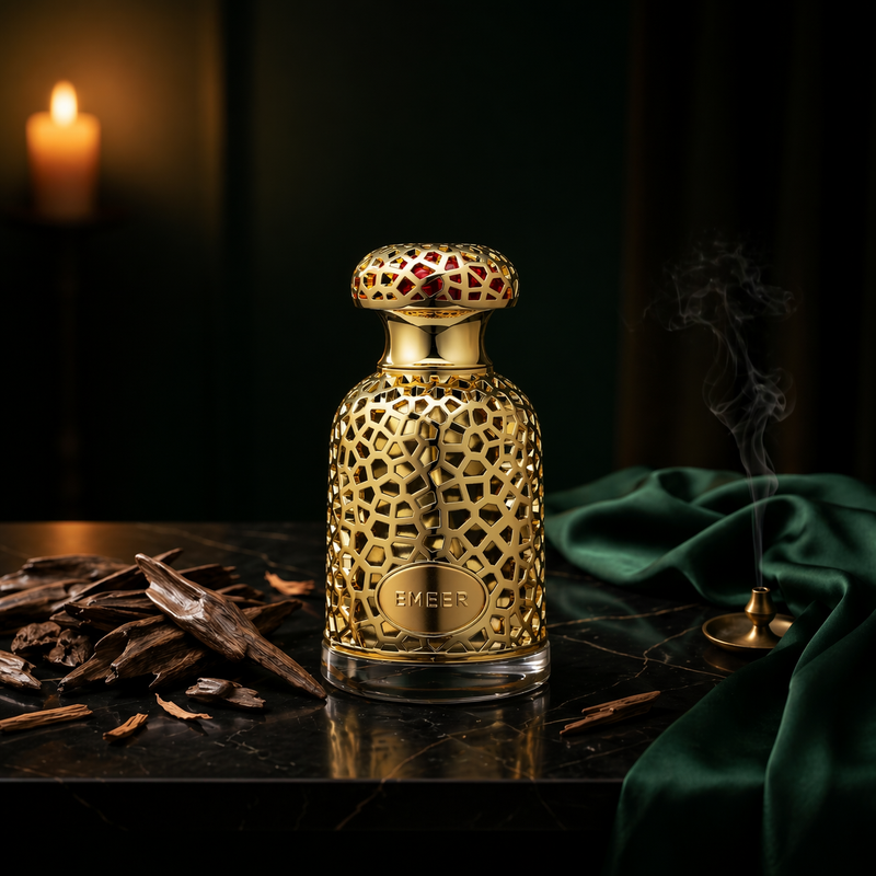 Emeer — flacon de parfum sur fond Boisé Oud