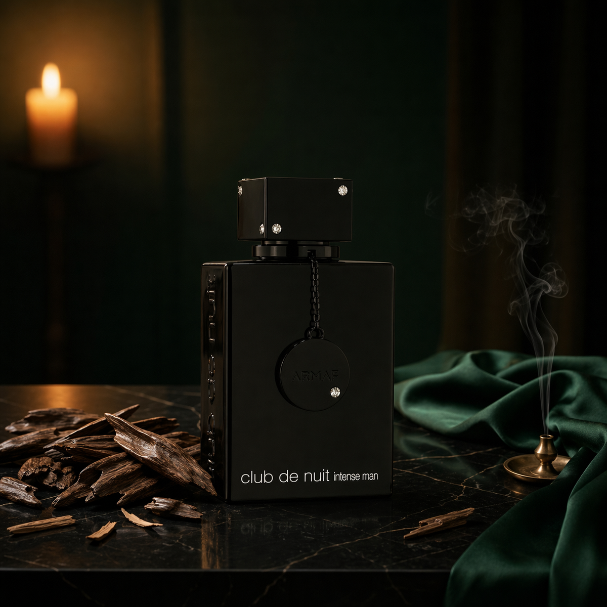 Club De Nuit Intense Man — flacon de parfum sur fond Boisé Oud