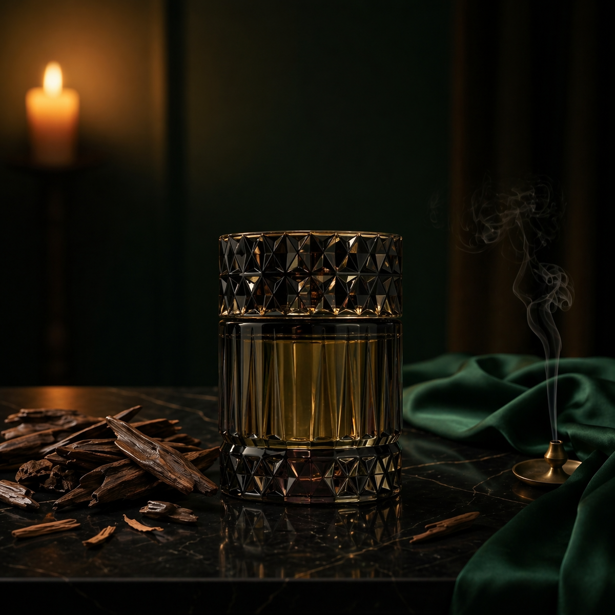 Sharaf The Club — flacon de parfum sur fond Boisé Oud