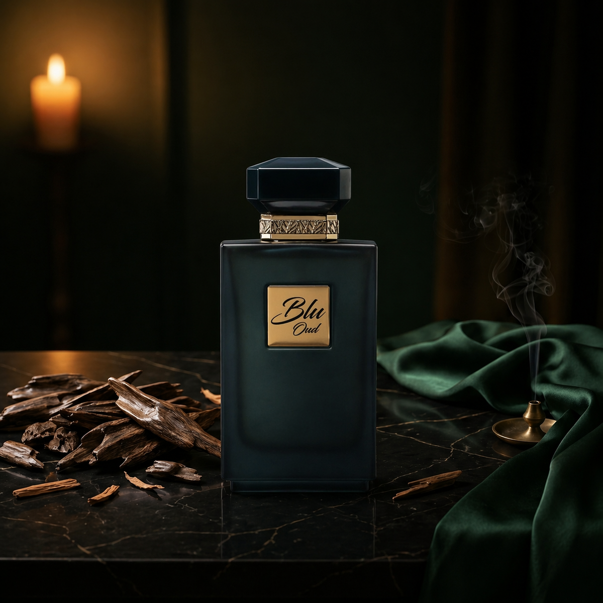Blue Oud — flacon de parfum sur fond Boisé Oud