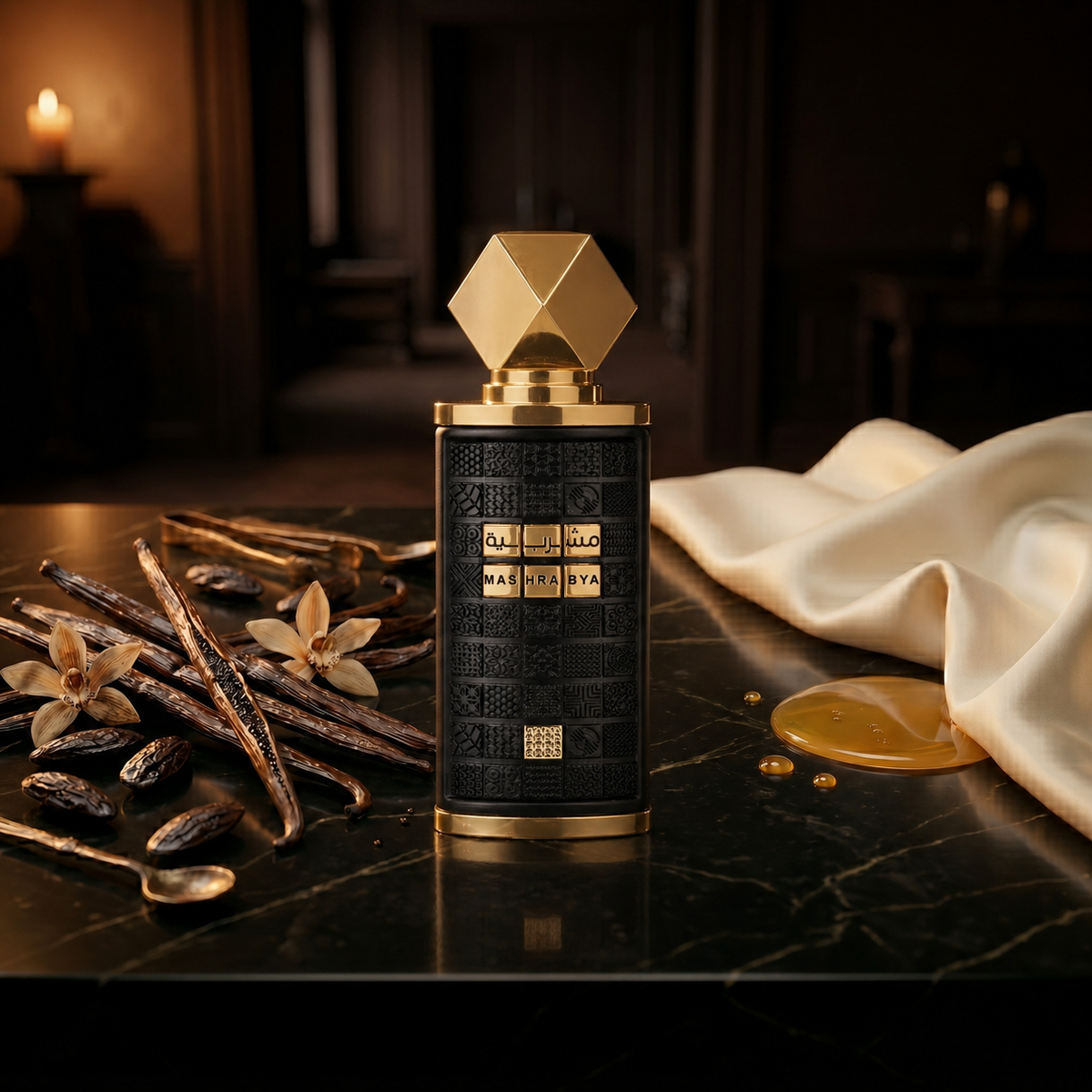 Mashrabya — flacon de parfum sur fond Gourmand
