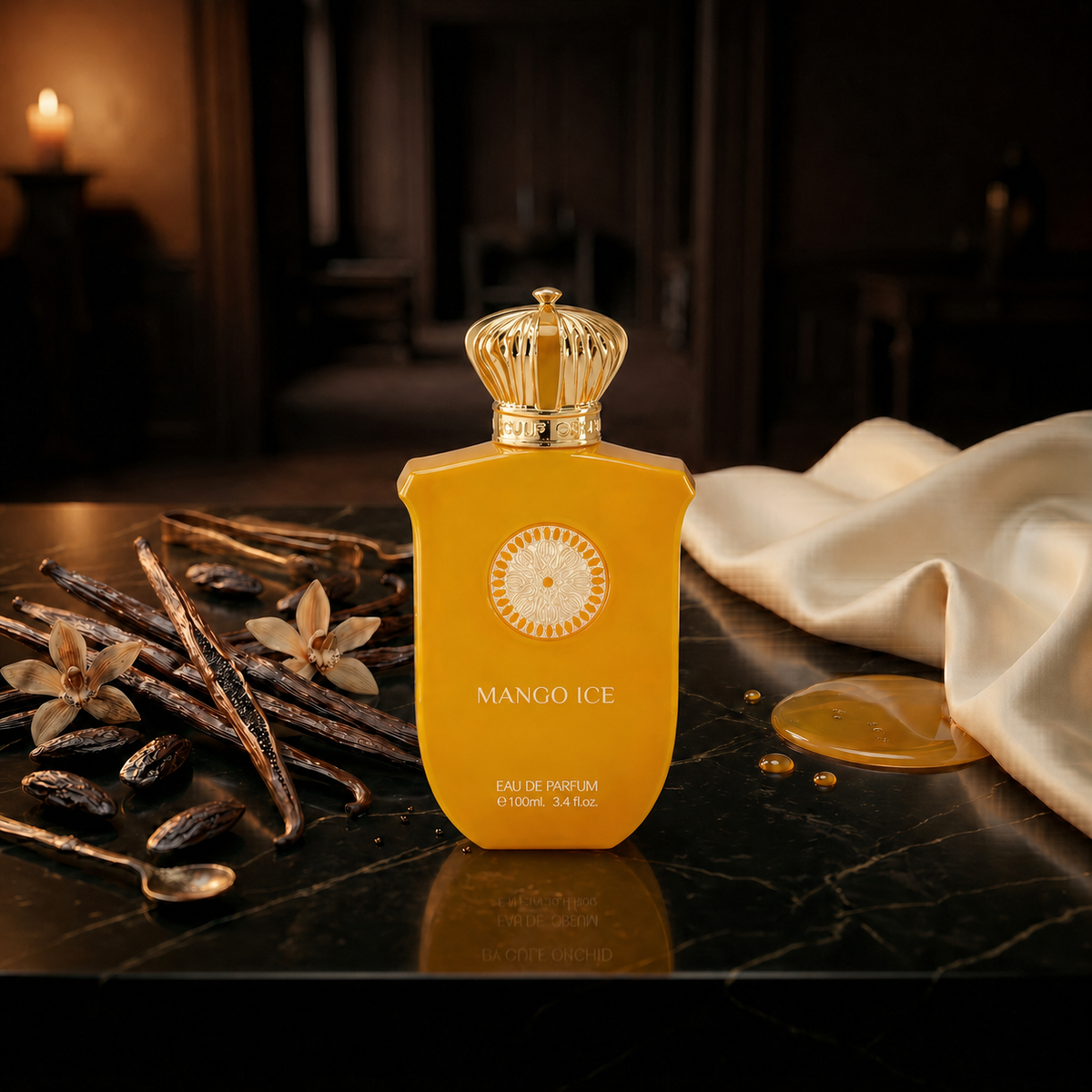 Mango Ice — flacon de parfum sur fond Gourmand