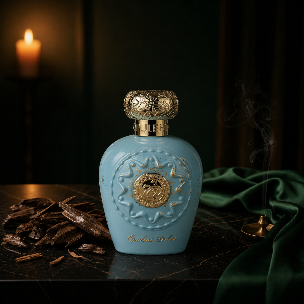Opulent Dubai — flacon de parfum sur fond Boisé Oud
