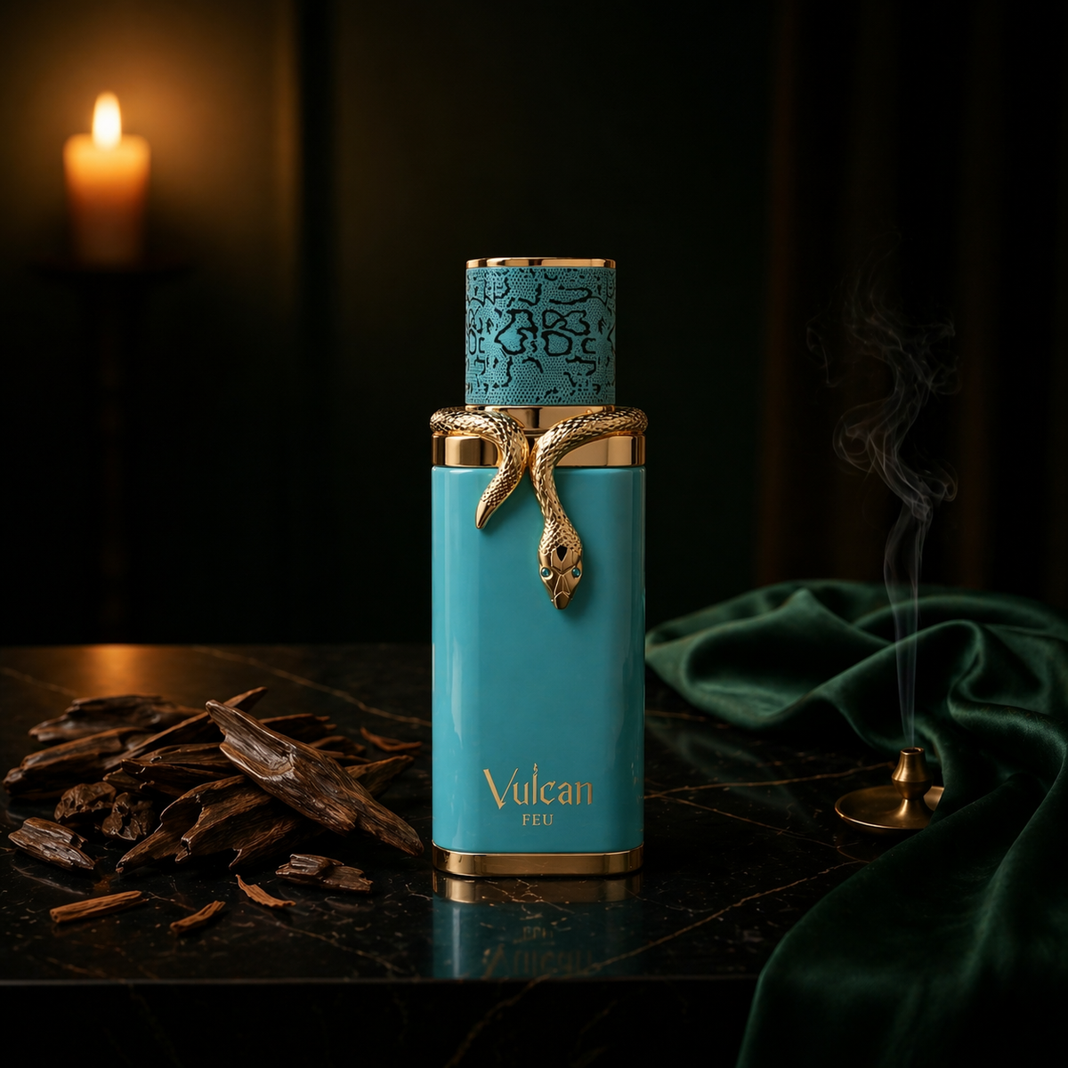 Vulcan Feu — flacon de parfum sur fond Boisé Oud