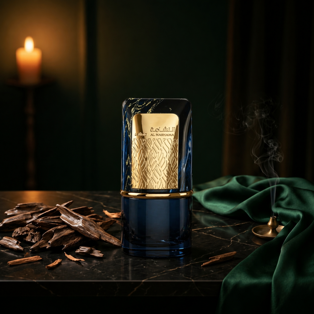 Al Nashama Caprice Perfume By Lattafa — flacon de parfum sur fond Boisé Oud