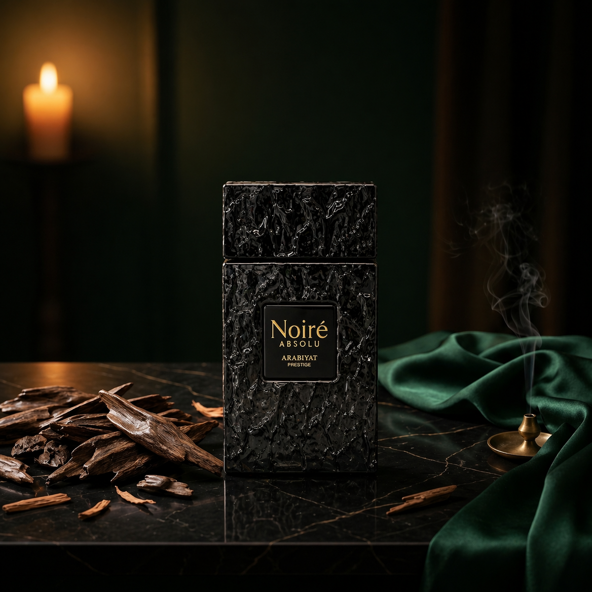 Noire Absolu — flacon de parfum sur fond Boisé Oud