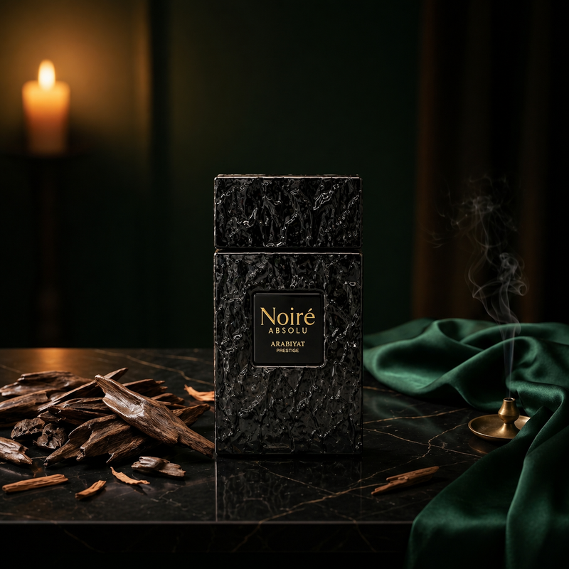 Noire Absolu — flacon de parfum sur fond Boisé Oud
