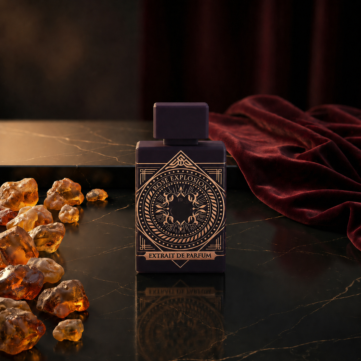 Rose Explosion — flacon de parfum sur fond Oriental Ambré