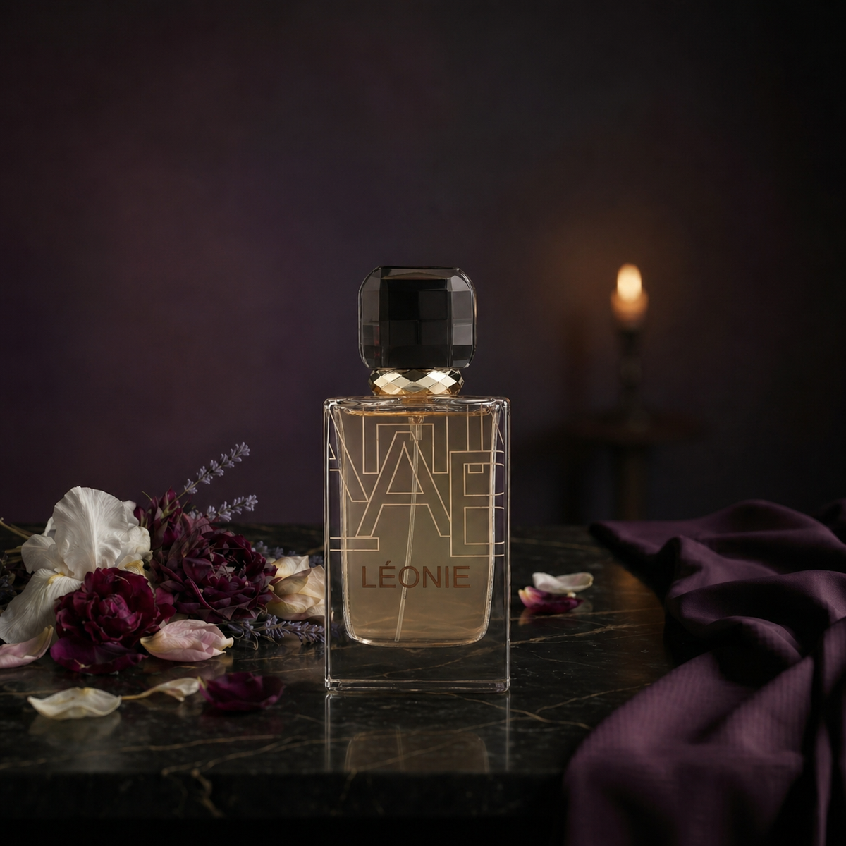 Leonie — flacon de parfum sur fond Floral Poudré