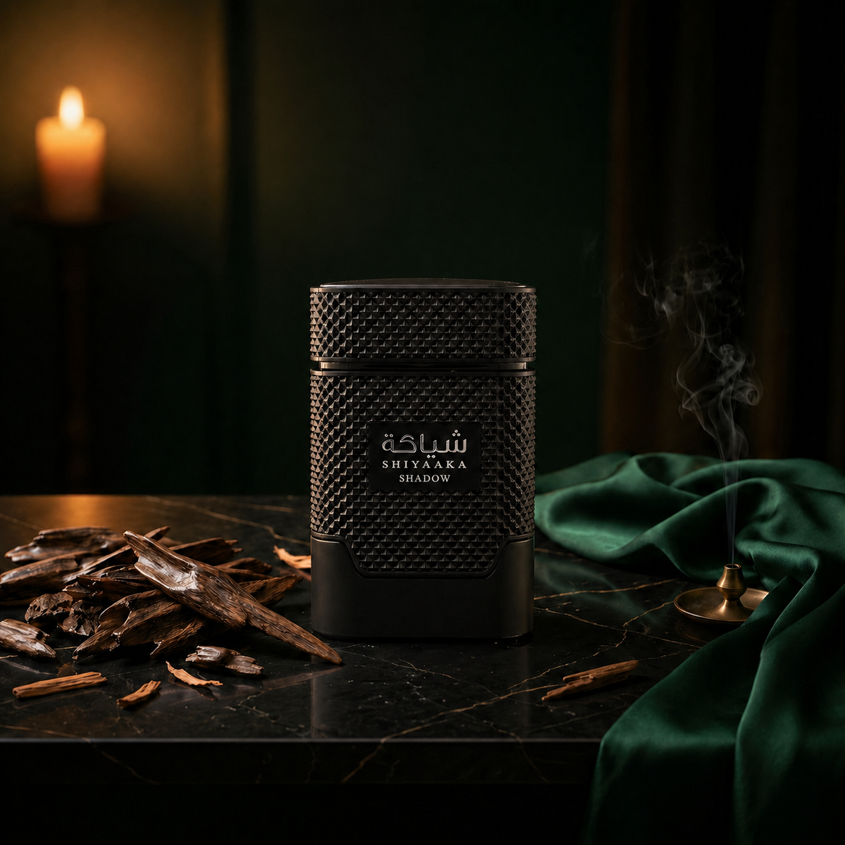 Shiyaaka Shadow — flacon de parfum sur fond Boisé Oud